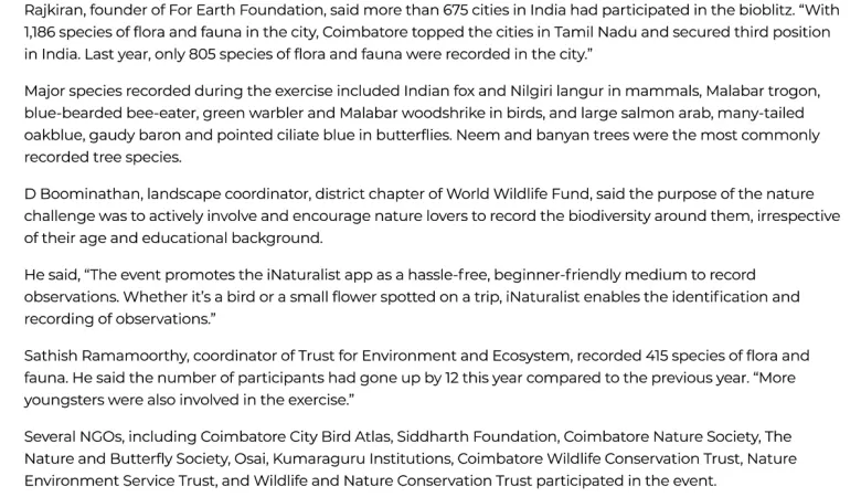 Coimbatore tops TN cities with 1,186 species of flora and fauna